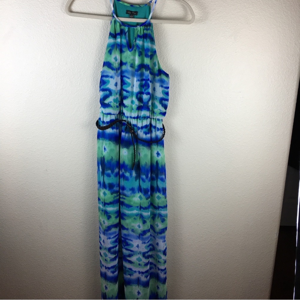 Lily Rose Women's Blue Green White With Braided Belt Maxi Dress Size S